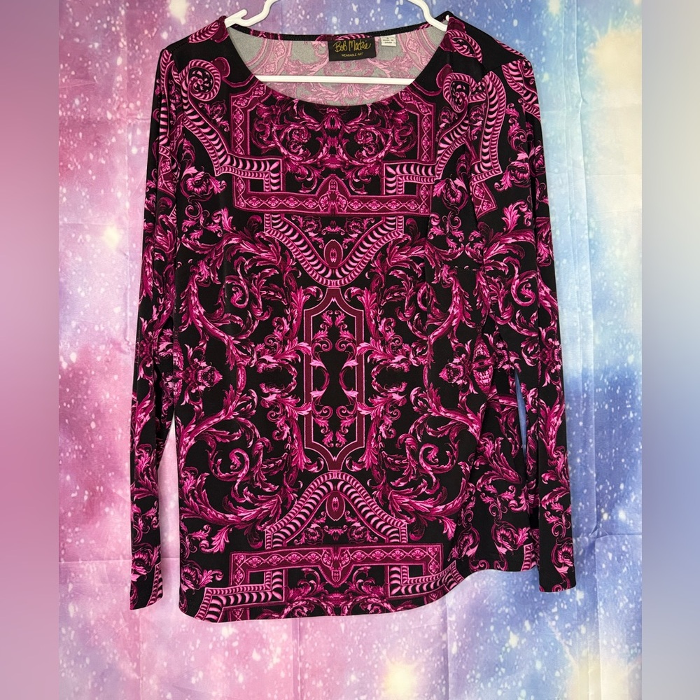 Bob Mackie Black & Hot Pink Baroque Print Long Sleeve Top
